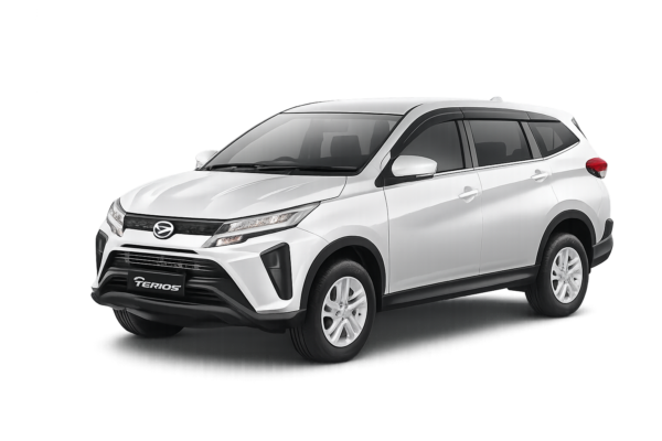 Daihatsu Terios putih tampak serong depan dan samping untuk layanan sewa mobil Jakarta dengan driver profesional
