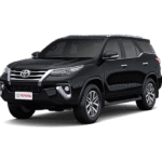 Toyota Fortuner hitam tampak serong depan dan samping untuk layanan sewa mobil premium Jakarta dengan driver profesional