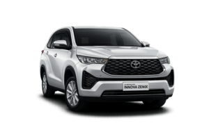 Toyota Innova Zenix type G putih tampak depan untuk layanan sewa mobil Jakarta dengan driver profesional