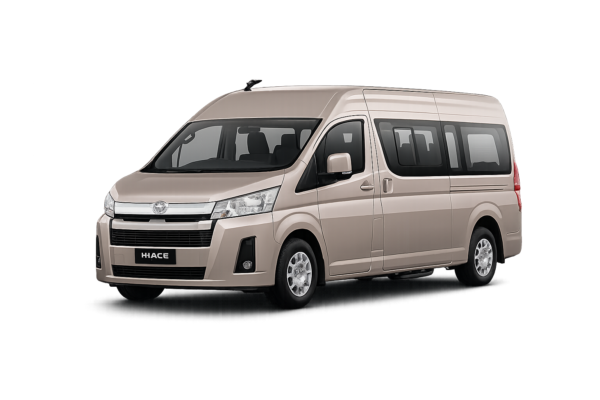 Toyota Hiace Premio coklat muda metallic tampak serong depan dan samping untuk layanan sewa Hiace Jakarta dengan driver profesional