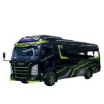 Isuzu Long Elf hitam strip kuning tampak serong depan dan samping untuk layanan sewa Elf Jakarta dengan driver profesional