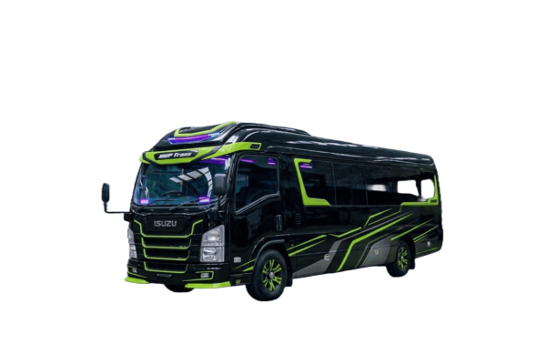 Isuzu Long Elf hitam strip kuning tampak serong depan dan samping untuk layanan sewa Elf Jakarta dengan driver profesional
