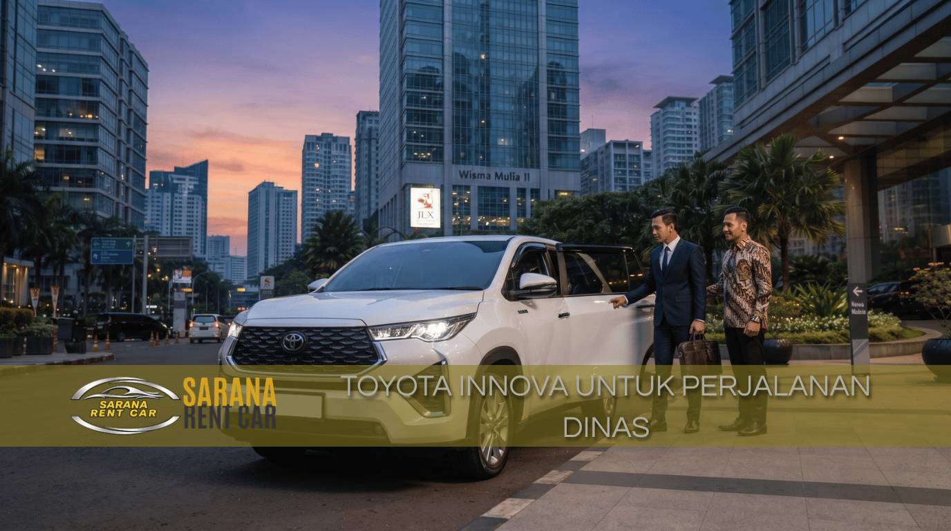 Toyota Innova hitam di depan gedung perkantoran Jakarta – pilihan perusahaan untuk perjalanan dinas