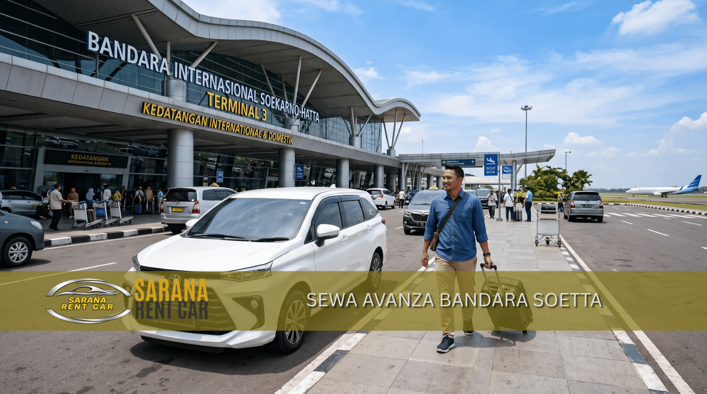 Toyota Avanza putih di depan terminal Bandara Soekarno-Hatta – Avanza untuk antar jemput bandara