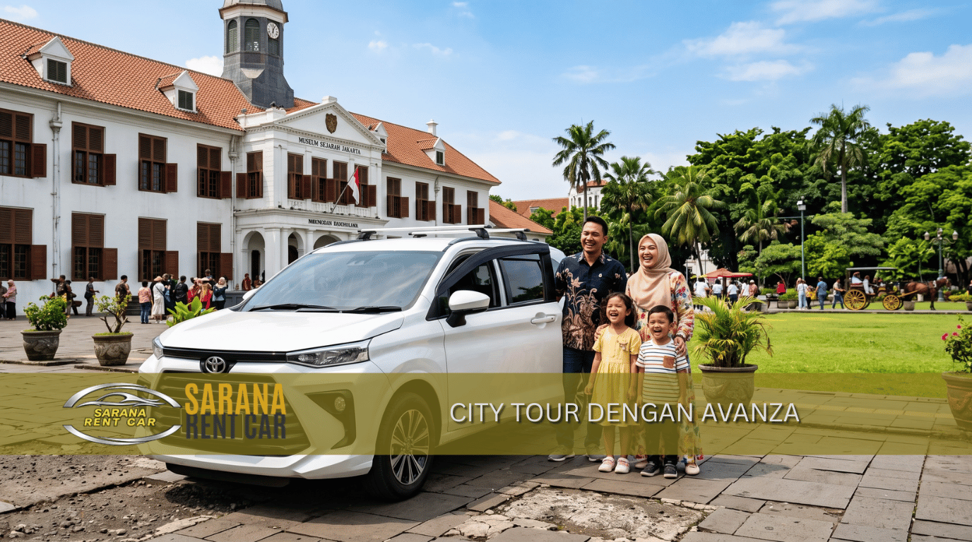 Toyota Avanza putih di depan kota tua jakarta – city tour Jakarta dengan Avanza