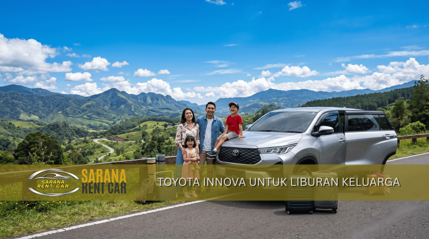 Toyota Innova dengan keluarga tersenyum di dekatnya – mobil untuk liburan keluarga