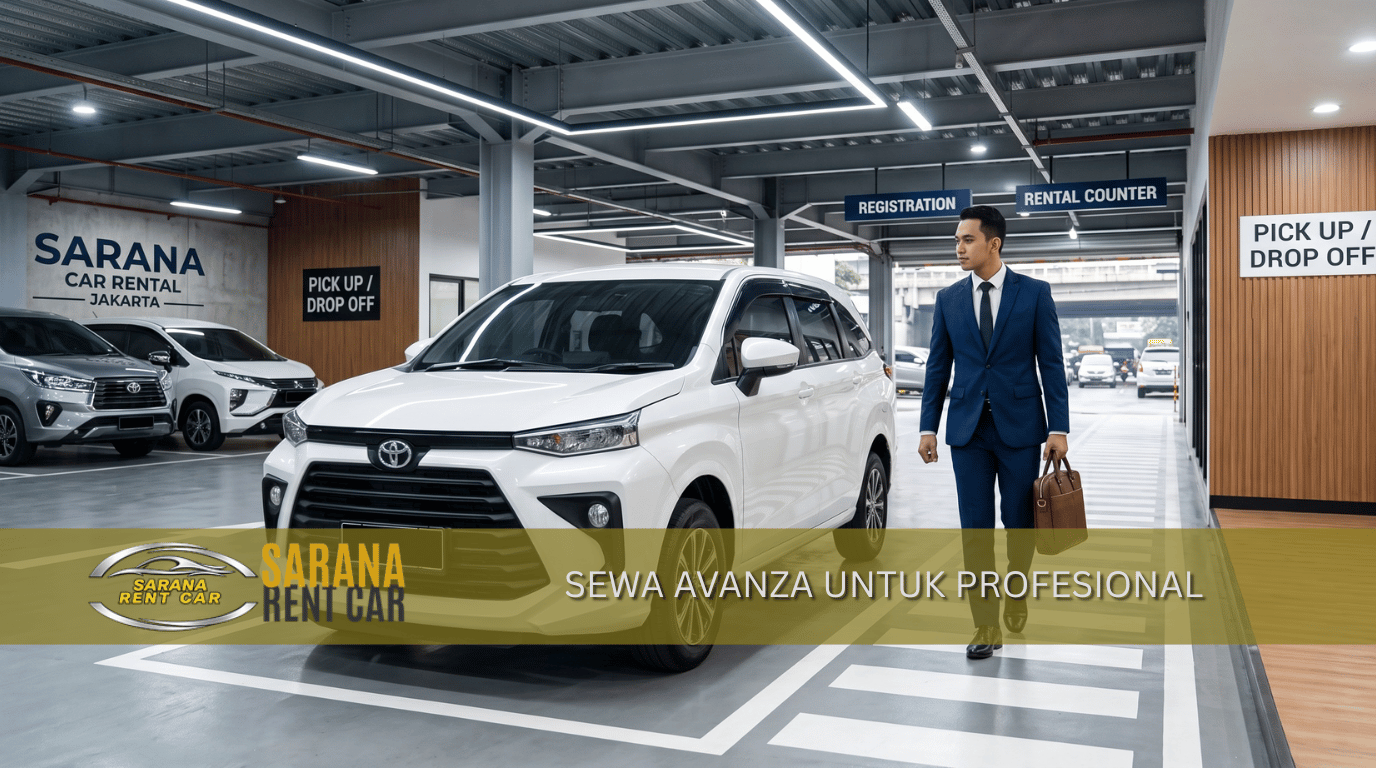 Toyota Avanza putih di dalam garasi rental Jakarta – sewa Avanza untuk keperluan dinas