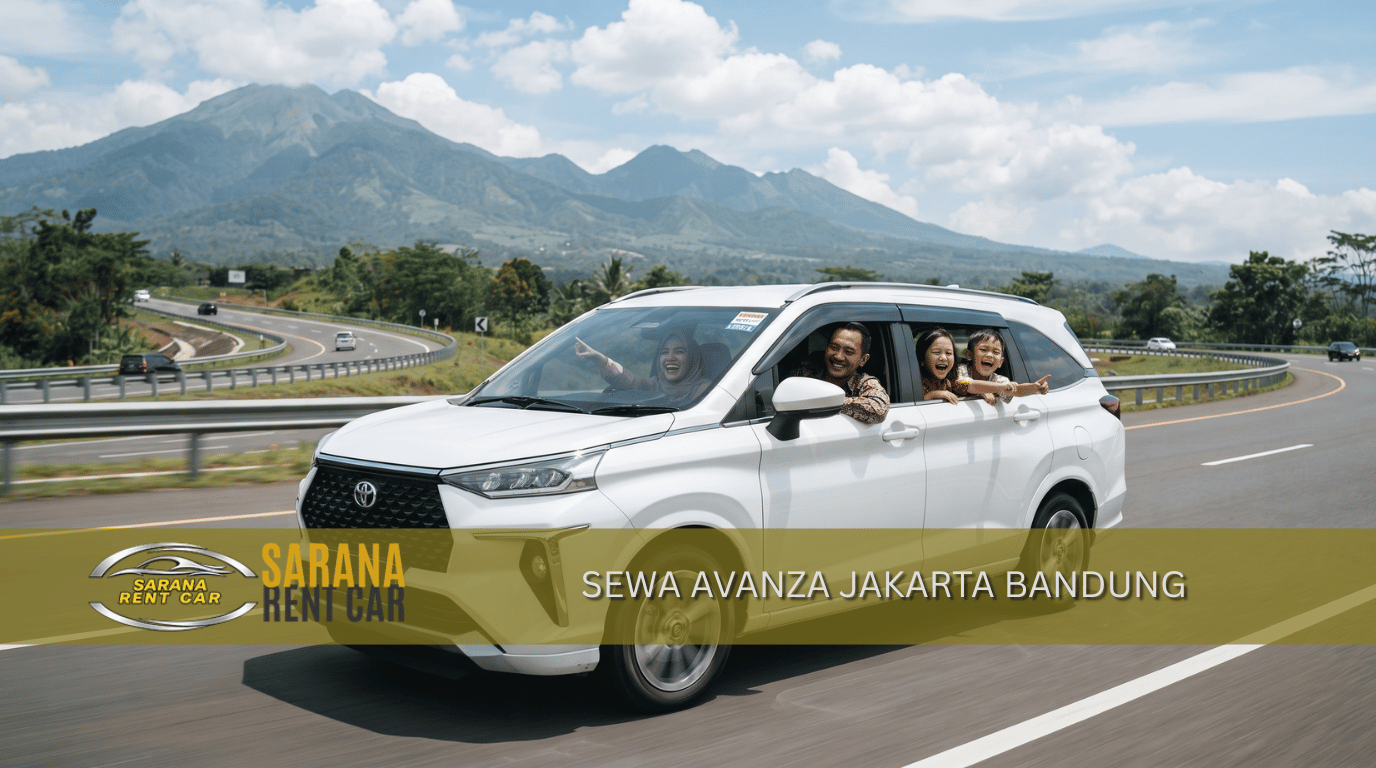 Toyota Avanza putih melaju di jalan tol dengan pegunungan – Avanza untuk wisata Jakarta–Bandung