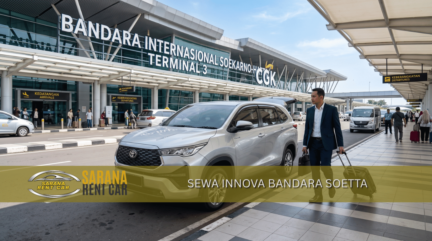 Toyota Innova silver di depan terminal Bandara Soekarno-Hatta – sewa Innova untuk antar jemput bandara