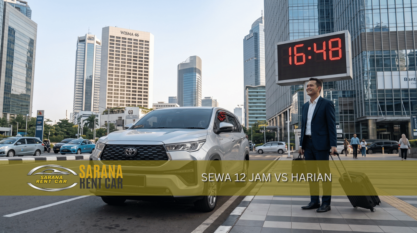 Toyota Innova silver dengan jam digital besar – sewa Innova 12 jam vs harian